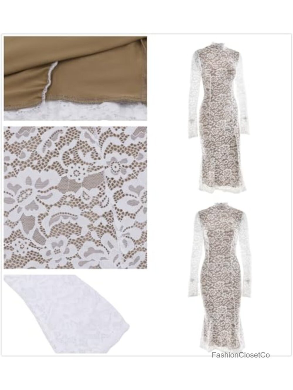 Floral Lace Mock Neck Long Sleeve Midi Dress Back Zipper Bodycon - Picture 3 of 6